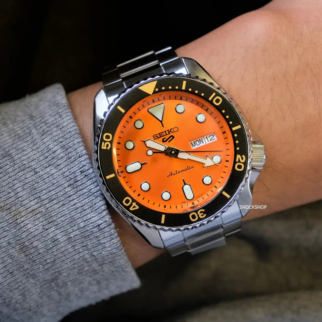 Seiko SRPD59K1 5 Sports Automatic Orange Dial Silver Steel Strap Watch For Men Seiko