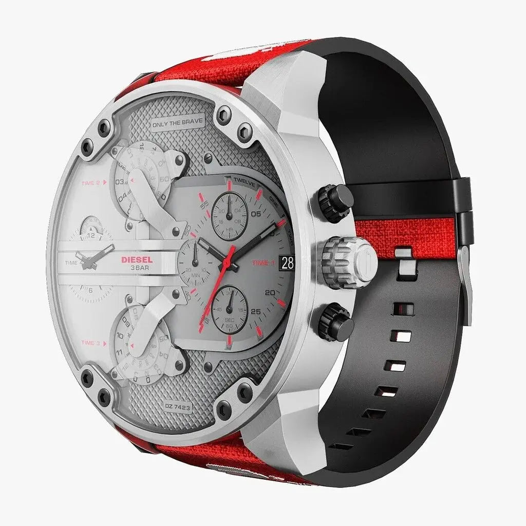 Diesel DZ7423 Mr Daddy 2.0 Chronograph Grey Dial Red Rubber Strap Watch For Men Diesel