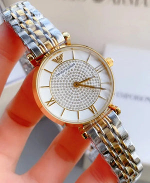 Emporio Armani AR2076 Gianni T Bar Analog White Dial Two Tone Steel Strap Watch For Women Emporio Armani