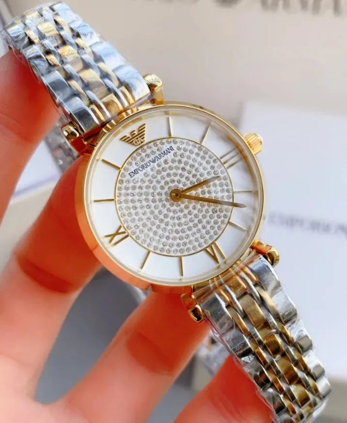 Emporio Armani AR2076 Gianni T Bar Analog White Dial Two Tone Steel Strap Watch For Women Emporio Armani