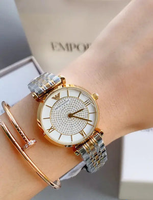 Emporio Armani AR2076 Gianni T Bar Analog White Dial Two Tone Steel Strap Watch For Women Emporio Armani