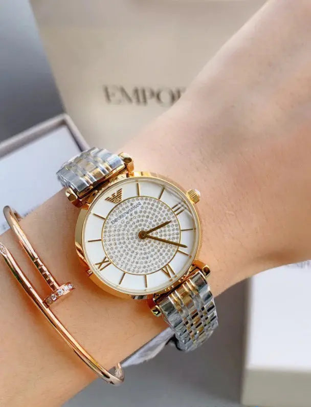 Emporio Armani AR2076 Gianni T Bar Analog White Dial Two Tone Steel Strap Watch For Women Emporio Armani