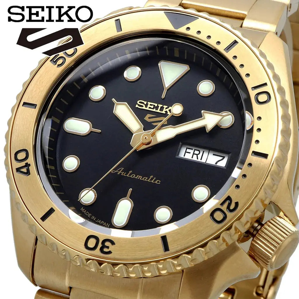 Seiko SRPK18 5 Sports Automatic Black Dial Gold Steel Strap Watch for Men Seiko