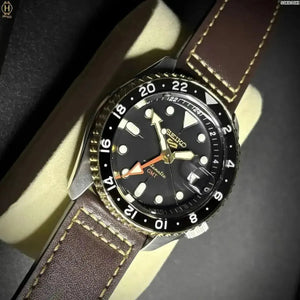 Seiko SSK036K1 5 Sports SKX GMT Automatic Mocha Black Dial Brown Leather Strap Watch For Men Seiko