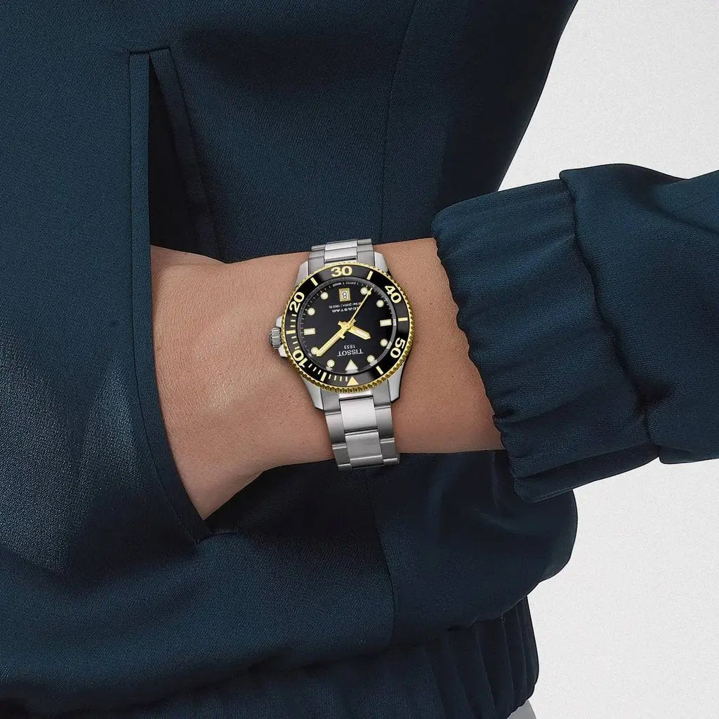 Tissot T120.210.21.051.00 Seastar 1000 Black Dial Silver Steel Strap Watch For Men Tissot