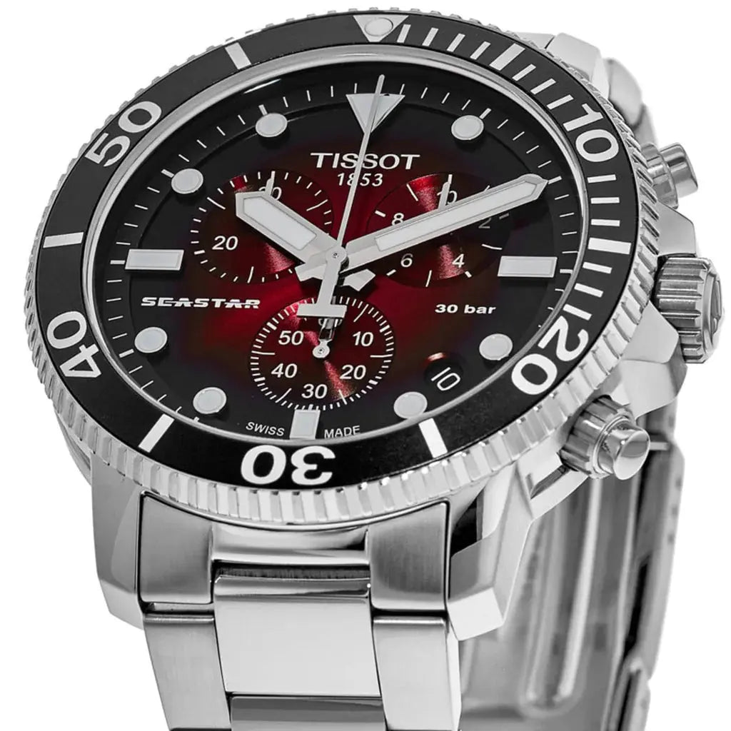 Tissot T120.417.11.421.00 Seastar 1000 Chronograph Red Dial Silver Steel Strap Watch For Men Tissot