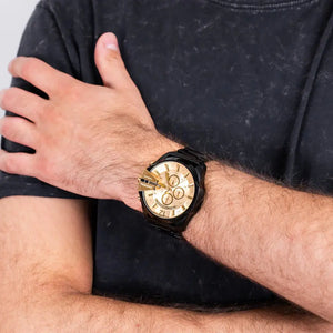 Diesel DZ4485 Mega Chief Chronograph Gold Dial Black Steel Strap Watch For Men Diesel