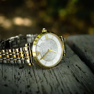 Emporio Armani AR2076 Gianni T Bar Analog White Dial Two Tone Steel Strap Watch For Women Emporio Armani