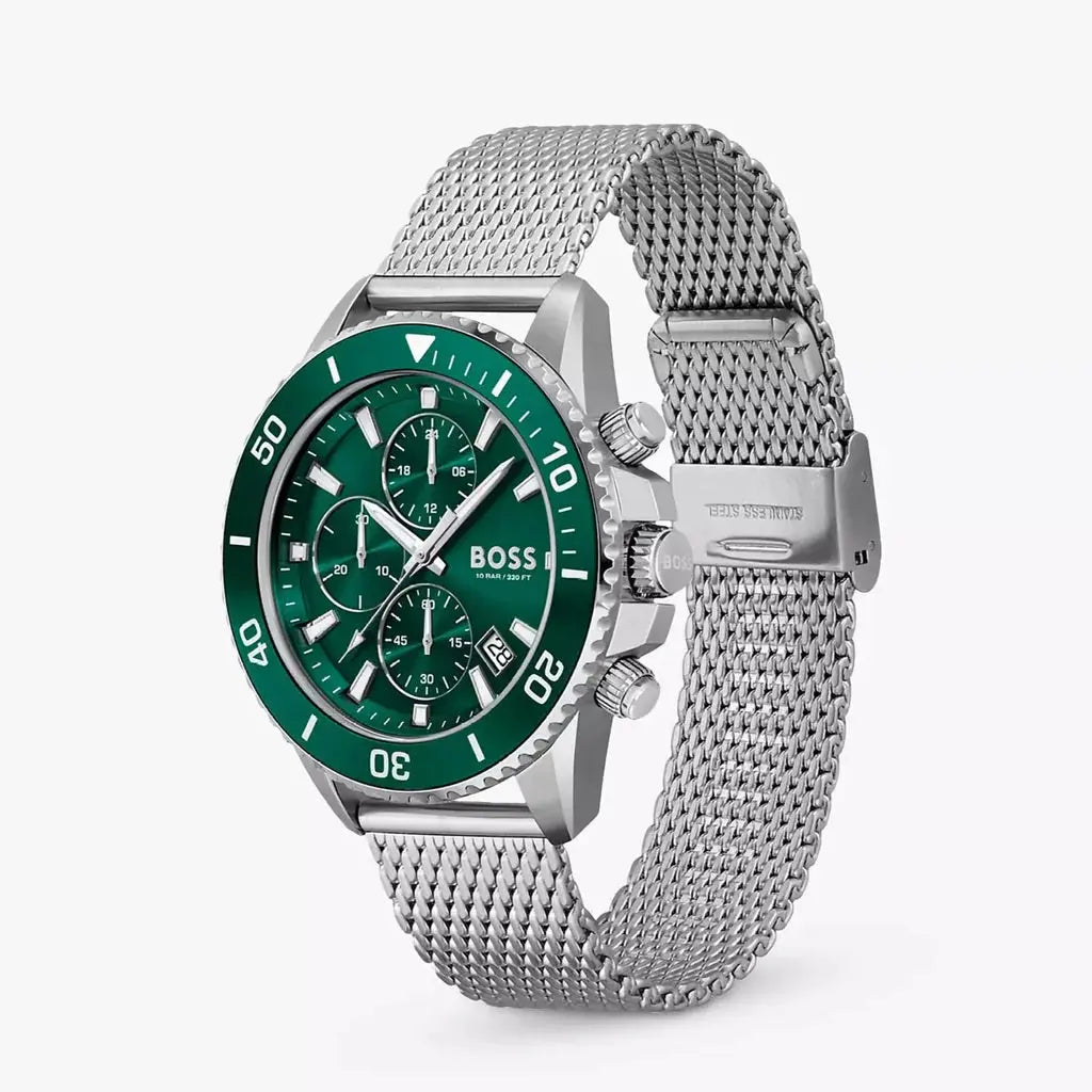 Hugo Boss 1513905 Admiral Green Dial Silver Mesh Bracelet Watch for Men Hugo Boss