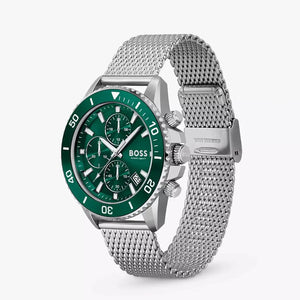 Hugo Boss 1513905 Admiral Green Dial Silver Mesh Bracelet Watch for Men Hugo Boss