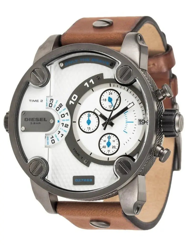 Diesel DZ7269 SBA Dual Time Chronograph White Dial Brown Leather Strap Watch For Men Diesel