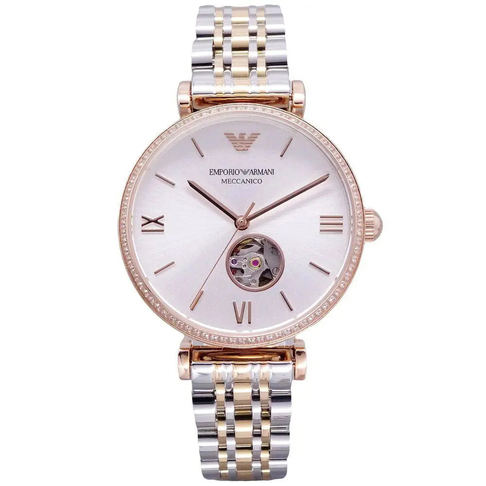 Emporio Armani AR60019 Gianni T-Bar Analog White Dial Two Tone Steel Strap Watch For Women Emporio Armani