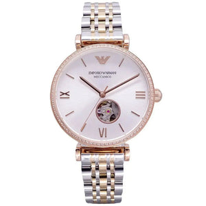 Emporio Armani AR60019 Gianni T-Bar Analog White Dial Two Tone Steel Strap Watch For Women Emporio Armani