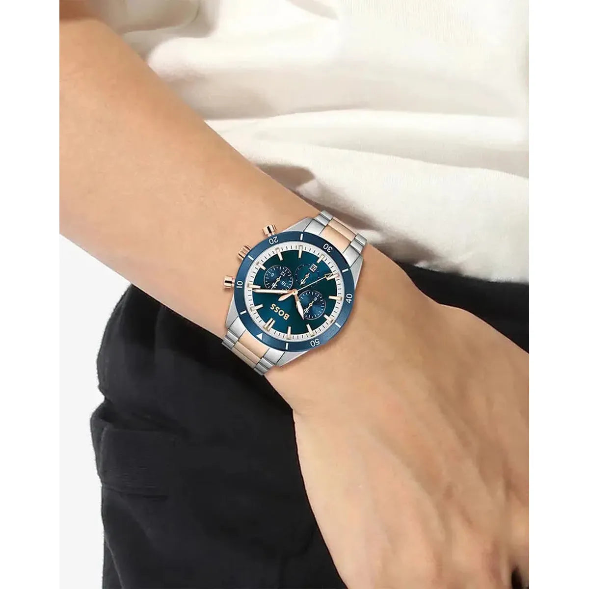 Hugo Boss 1513937 Santiago Blue Dial Two Tone Steel Strap Watch for Men Hugo Boss