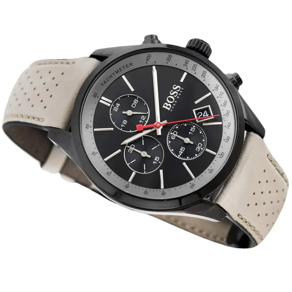 Hugo Boss 1513562 Grand Prix Chronograph Black Dial Grey Leather Strap Watch for Men Hugo Boss