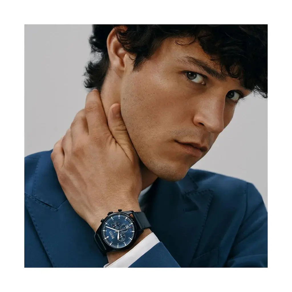 Hugo Boss 1513711 Pioneer Quartz Blue Dial Blue Leather Strap Watch For Men Hugo Boss