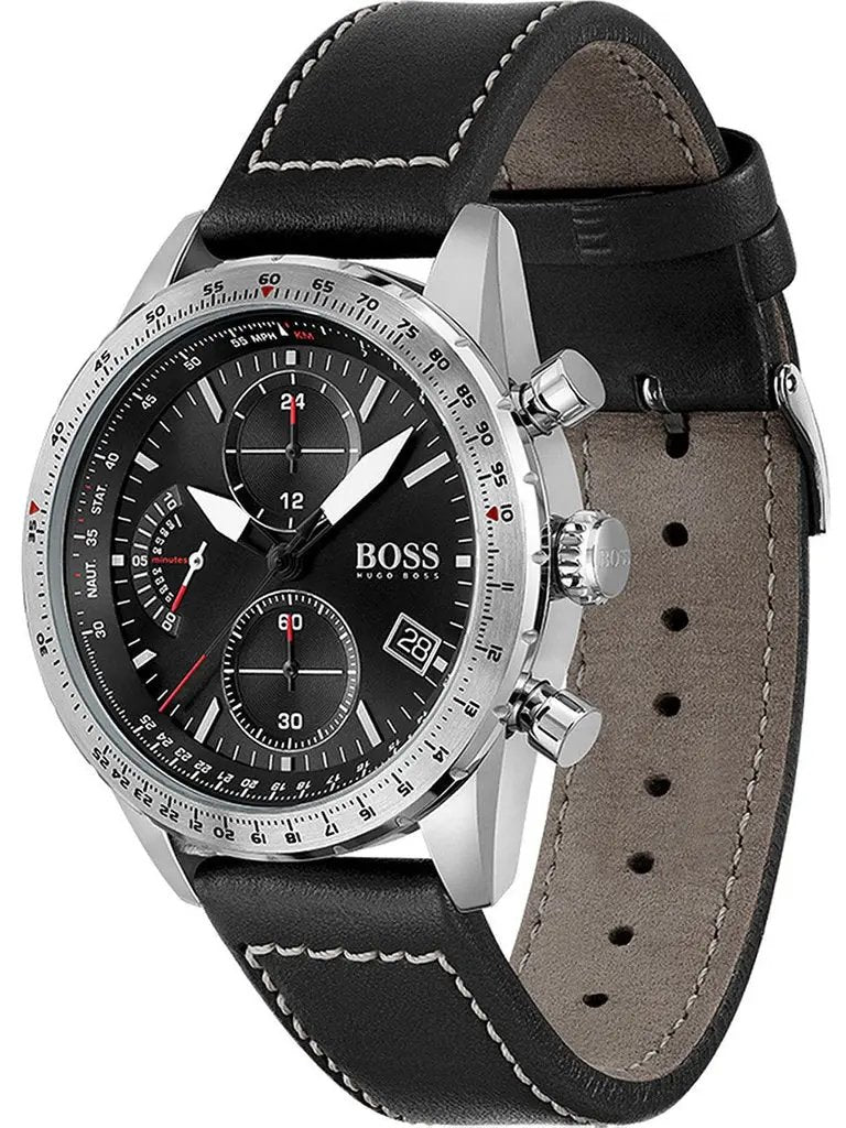 Hugo Boss 1513770 Aero Chronograph Black Dial Black Leather Strap Watch for Men Hugo Boss