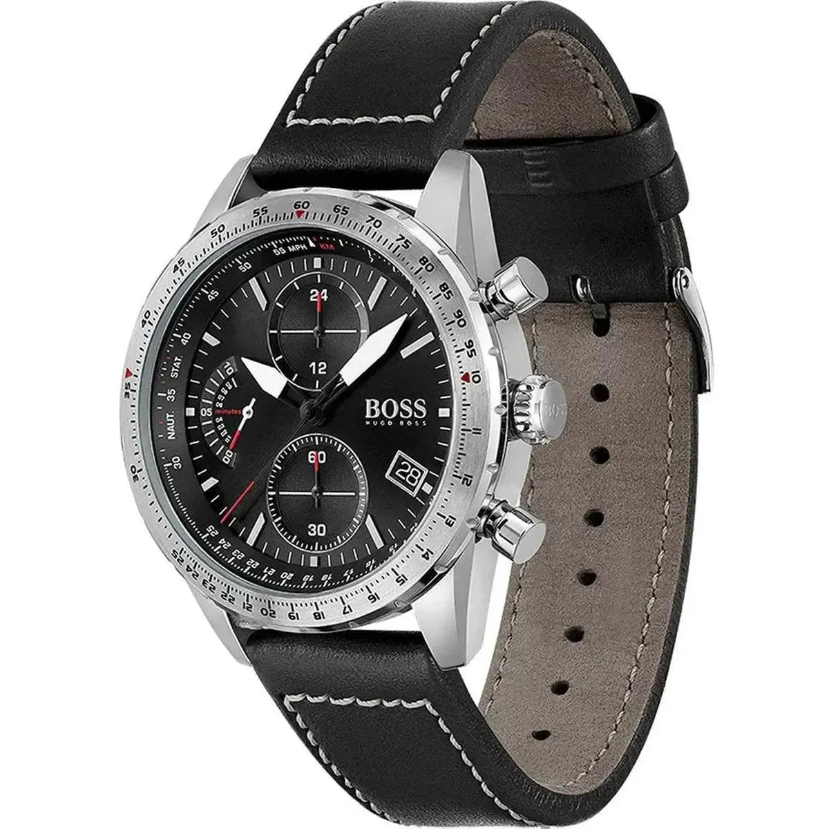 Hugo Boss 1513770 Aero Chronograph Black Dial Black Leather Strap Watch for Men Hugo Boss