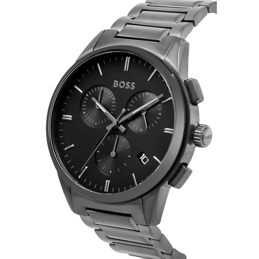 Hugo Boss 1513929 Dapper Chronograph Black Dial Black Steel Strap Watch For Men Hugo Boss