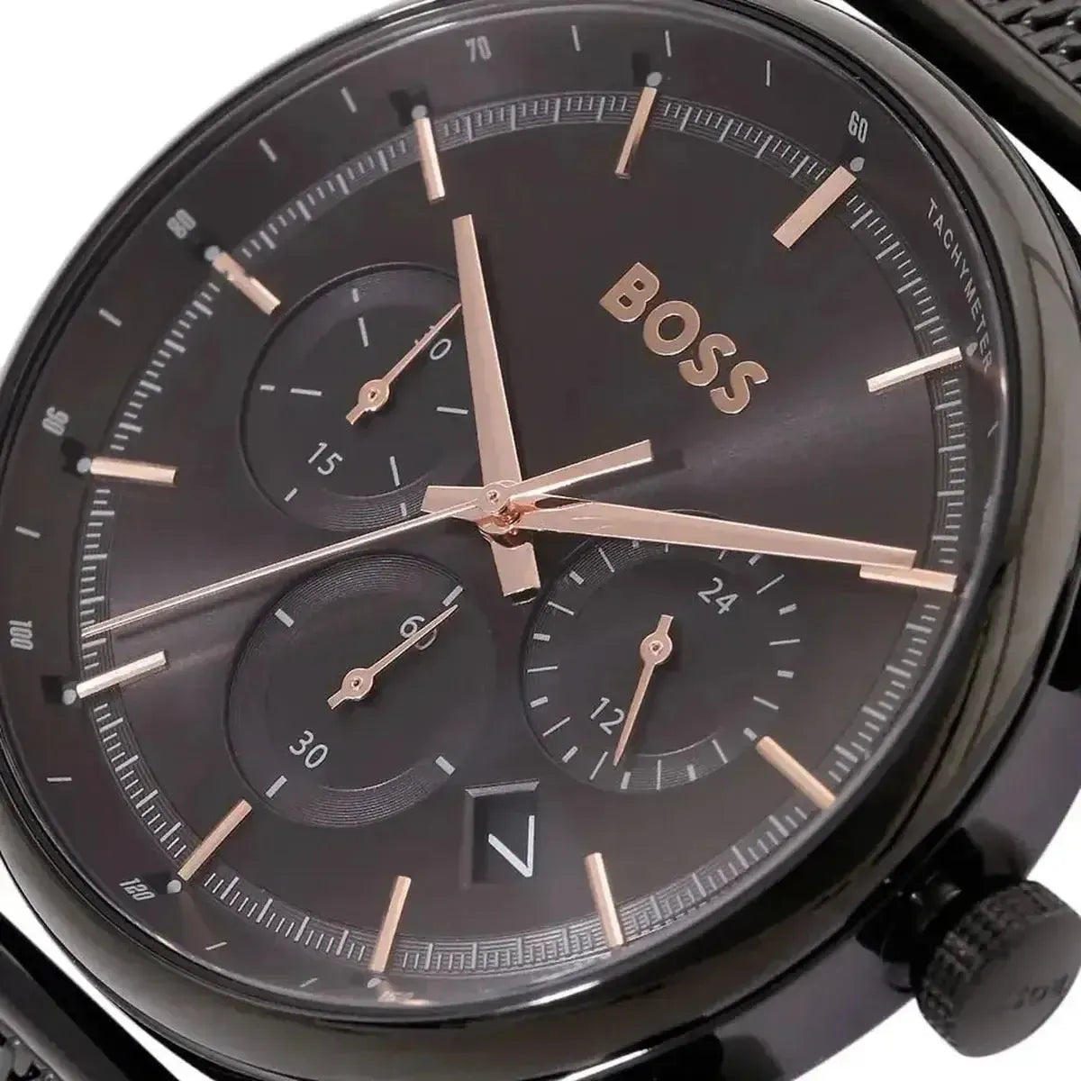 Hugo Boss 1514065 Gregor Chronograph Black Dial Black Mesh Bracelet Watch For Men Hugo Boss