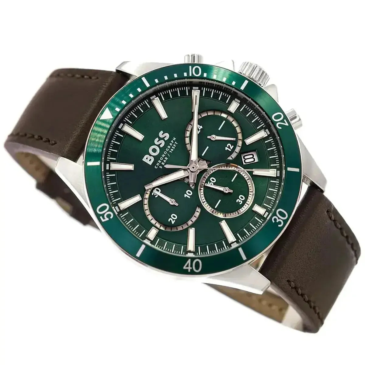 Hugo Boss 1514098 Troper Chronograph Green Dial Brown Leather Strap Watch For Men Hugo Boss