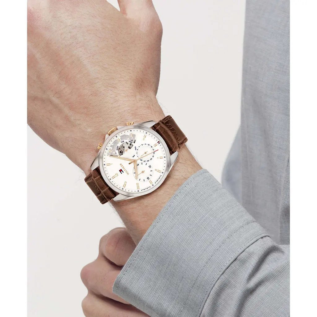 Tommy Hilfiger 1710450 Baker Chronograph White Dial Brown Leather Strap Watch For Men Tommy Hilfiger