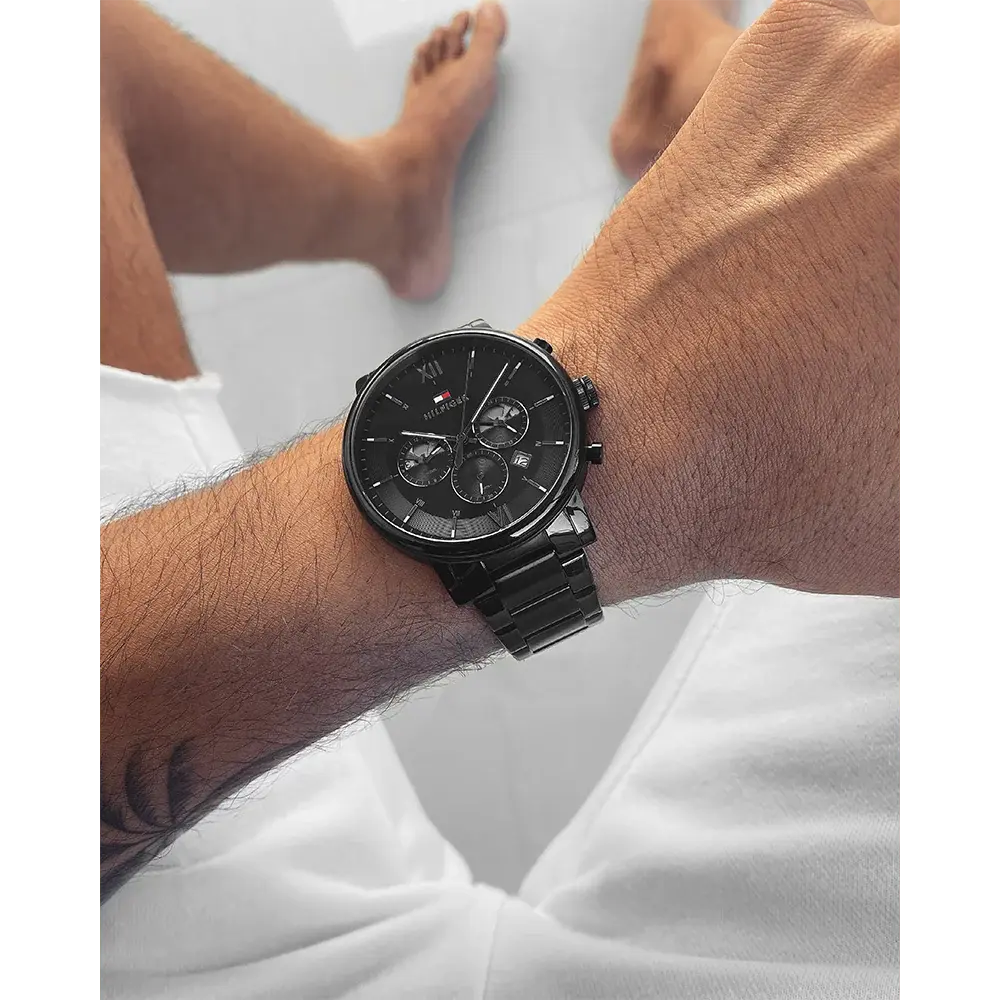 Tommy Hilfiger 1710410 Evan Chronograph Quartz Black Dial Black Steel Strap Watch For Men Tommy Hilfiger
