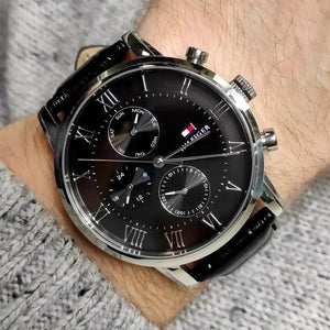 Tommy Hilfiger 1791401 Kane Quartz Black Dial Black Leather Strap Watch for Men Tommy Hilfiger
