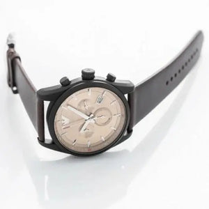 Emporio Armani AR6078 Sportivo Chronograph Beige Dial Brown Leather Strap Watch For Men Emporio Armani