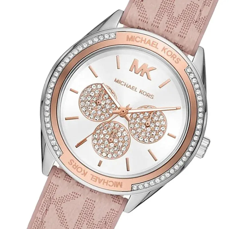 Michael Kors MK7206 Multifunction Silver Dial Pink Leather Strap Watch For Women Michael Kros
