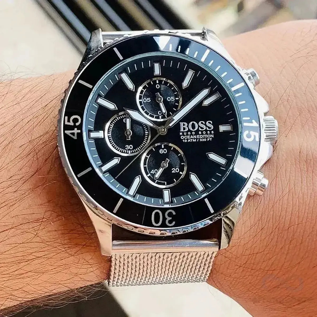 Hugo Boss 1513904 Admiral Black Dial Silver Mesh Bracelet Watch for Men Hugo Boss