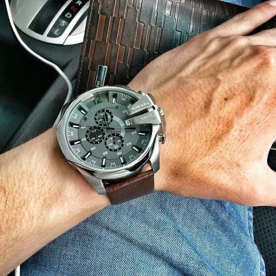 Diesel DZ4290 Mega Chief Chronograph Black Dial Brown Leather Strap Watch For Men Diesel