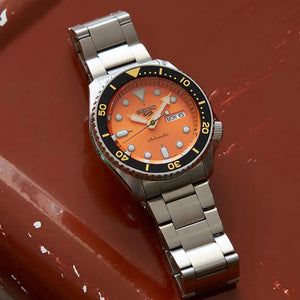 Seiko SRPD59K1 5 Sports Automatic Orange Dial Silver Steel Strap Watch For Men Seiko