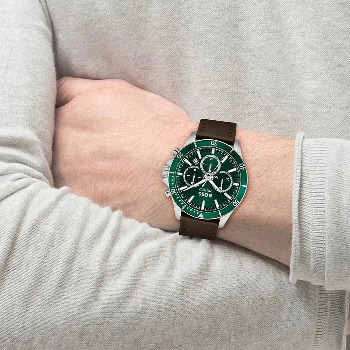 Hugo Boss 1514098 Troper Chronograph Green Dial Brown Leather Strap Watch For Men Hugo Boss