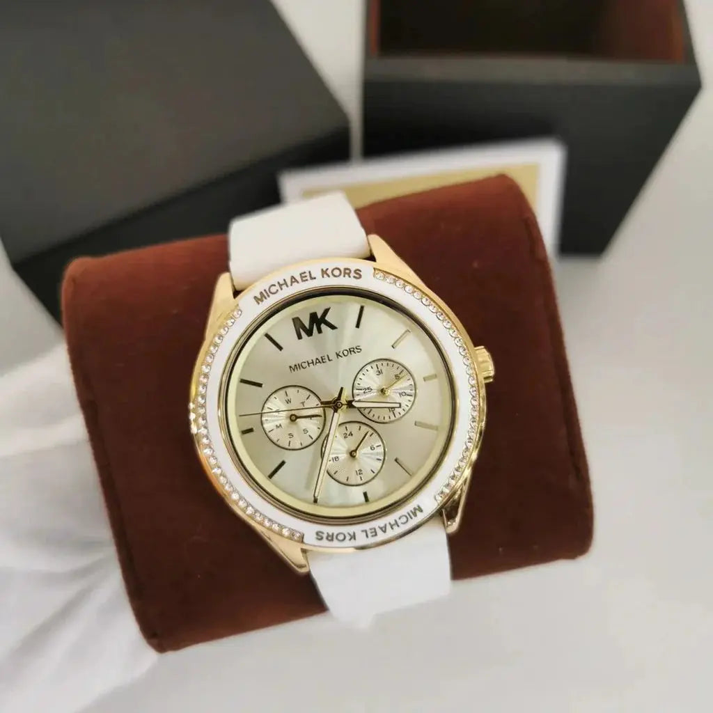 Michael Kors MK7267 Jessa Quartz Gold Dial White Silicone Strap Watch For Women Michael Kros