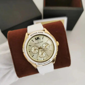 Michael Kors MK7267 Jessa Quartz Gold Dial White Silicone Strap Watch For Women Michael Kros
