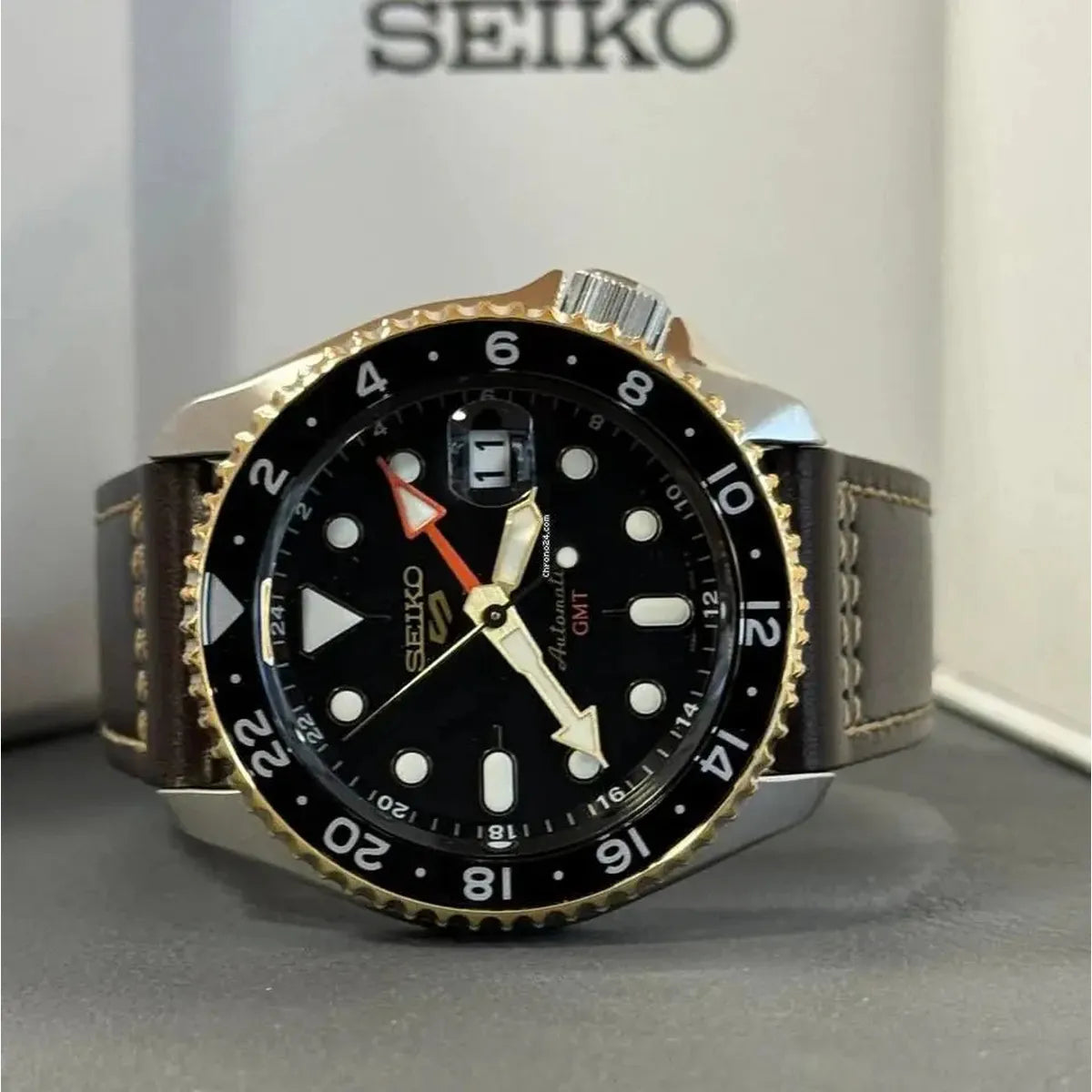 Seiko SSK036K1 5 Sports SKX GMT Automatic Mocha Black Dial Brown Leather Strap Watch For Men Seiko