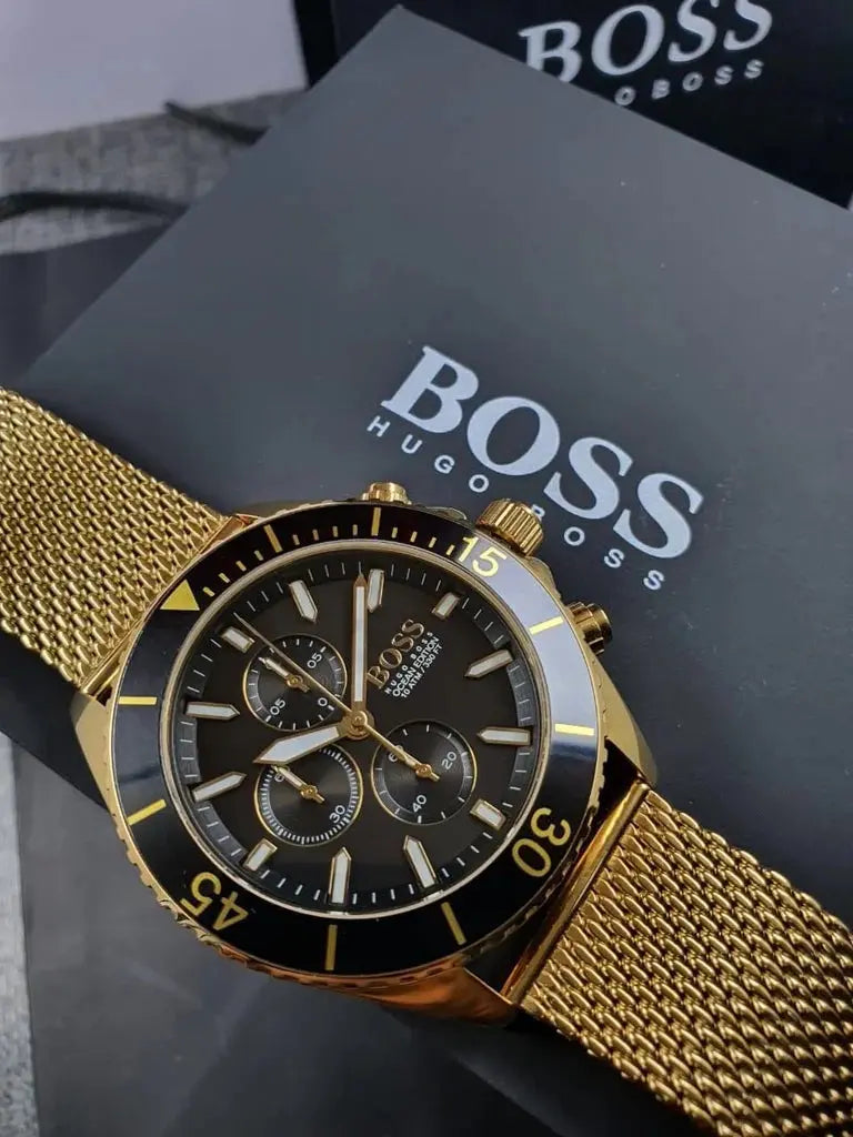 Hugo Boss 1513703 Ocean Edition Black Dial Gold Mesh Bracelet Watch for Men Hugo Boss