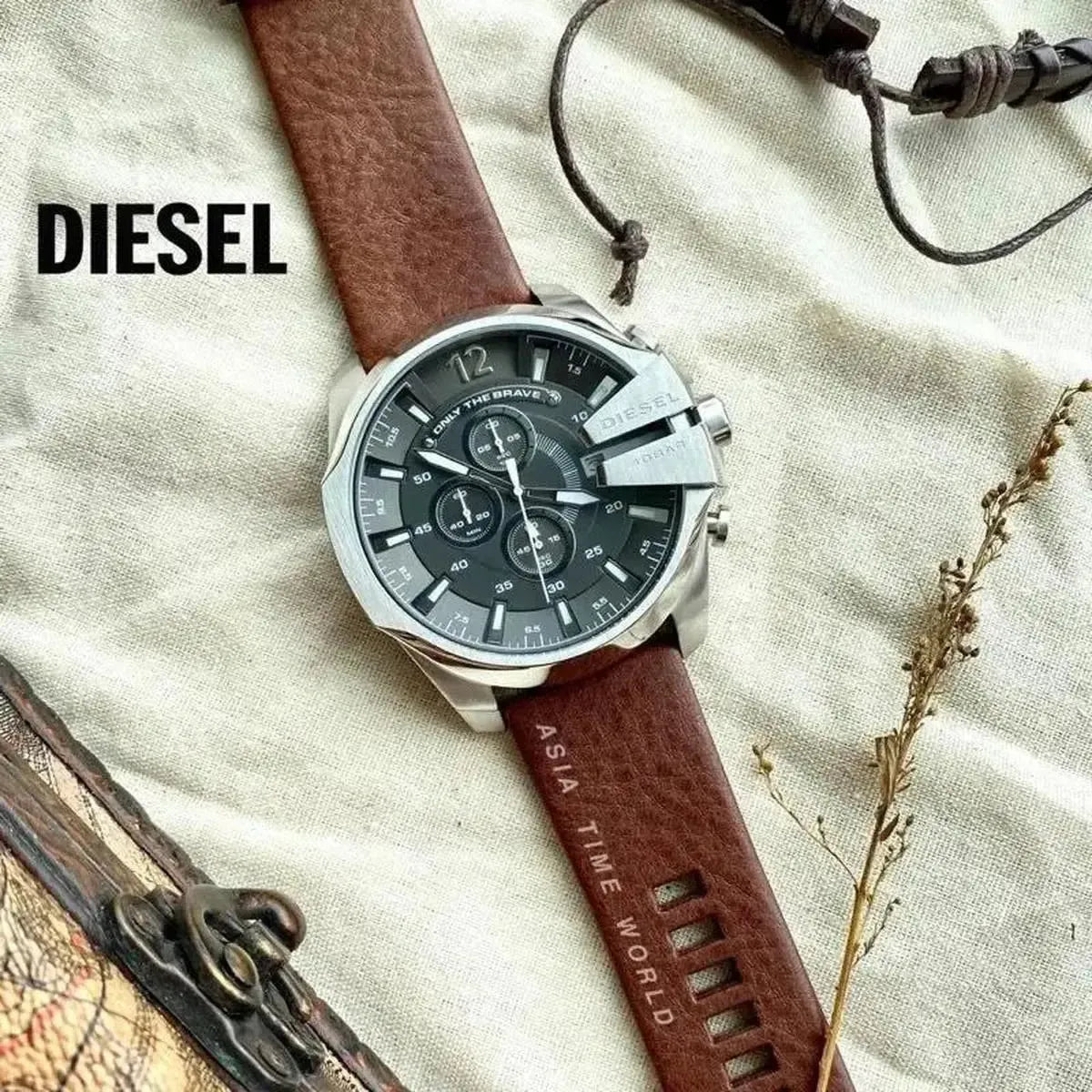 Diesel DZ4290 Mega Chief Chronograph Black Dial Brown Leather Strap Watch For Men Diesel