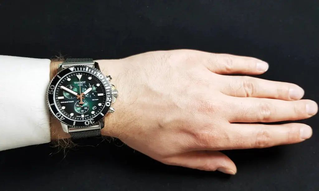 Tissot T120.417.11.091.00 Seastar 1000 Chronograph Green Dial Silver Mesh Bracelet Watch For Men Tissot