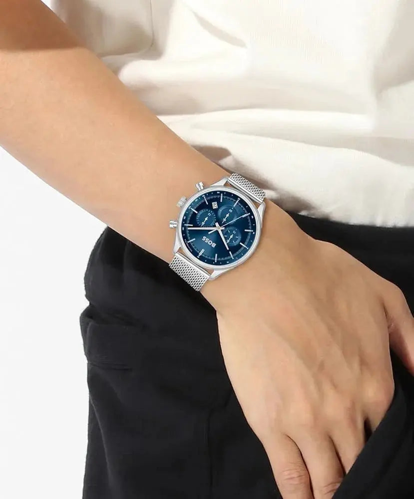 Hugo Boss 1514052 Gregor Chronograph Blue Dial Silver Mesh Bracelet Watch For Men Hugo Boss