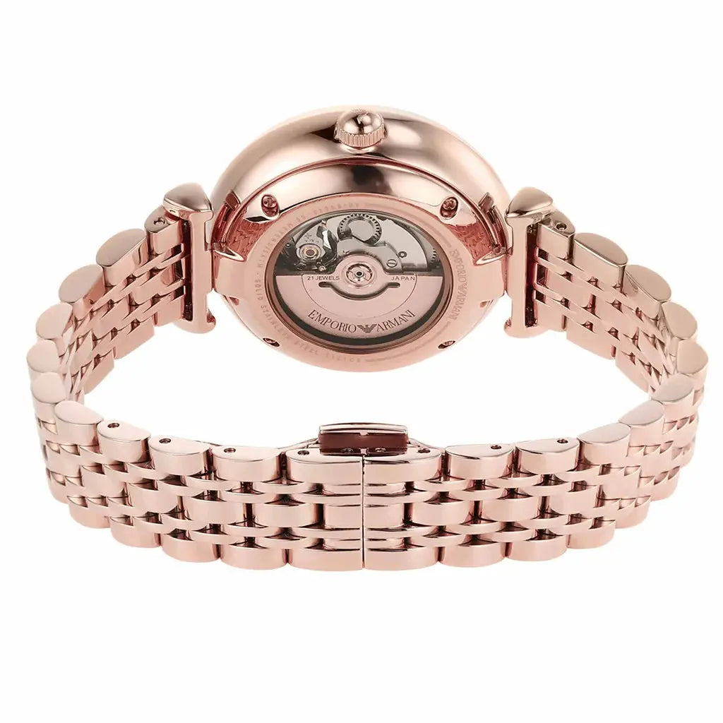 Emporio Armani AR60043 Meccanico Crystals Black Dial Rose Gold Steel Strap Watch For Women Emporio Armani