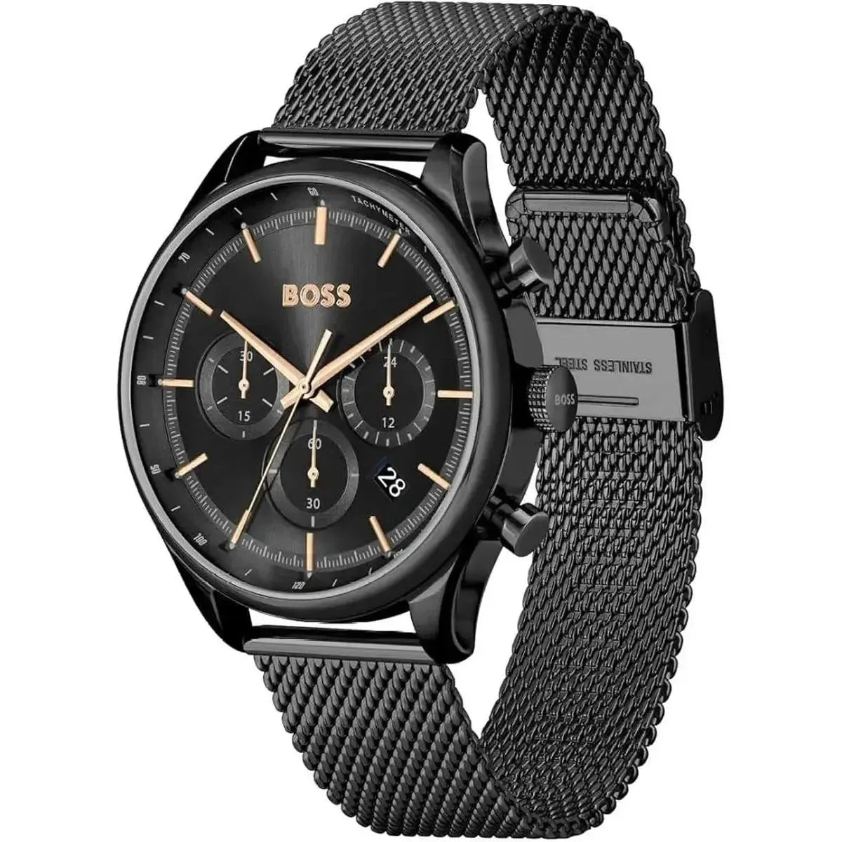 Hugo Boss 1514065 Gregor Chronograph Black Dial Black Mesh Bracelet Watch For Men Hugo Boss
