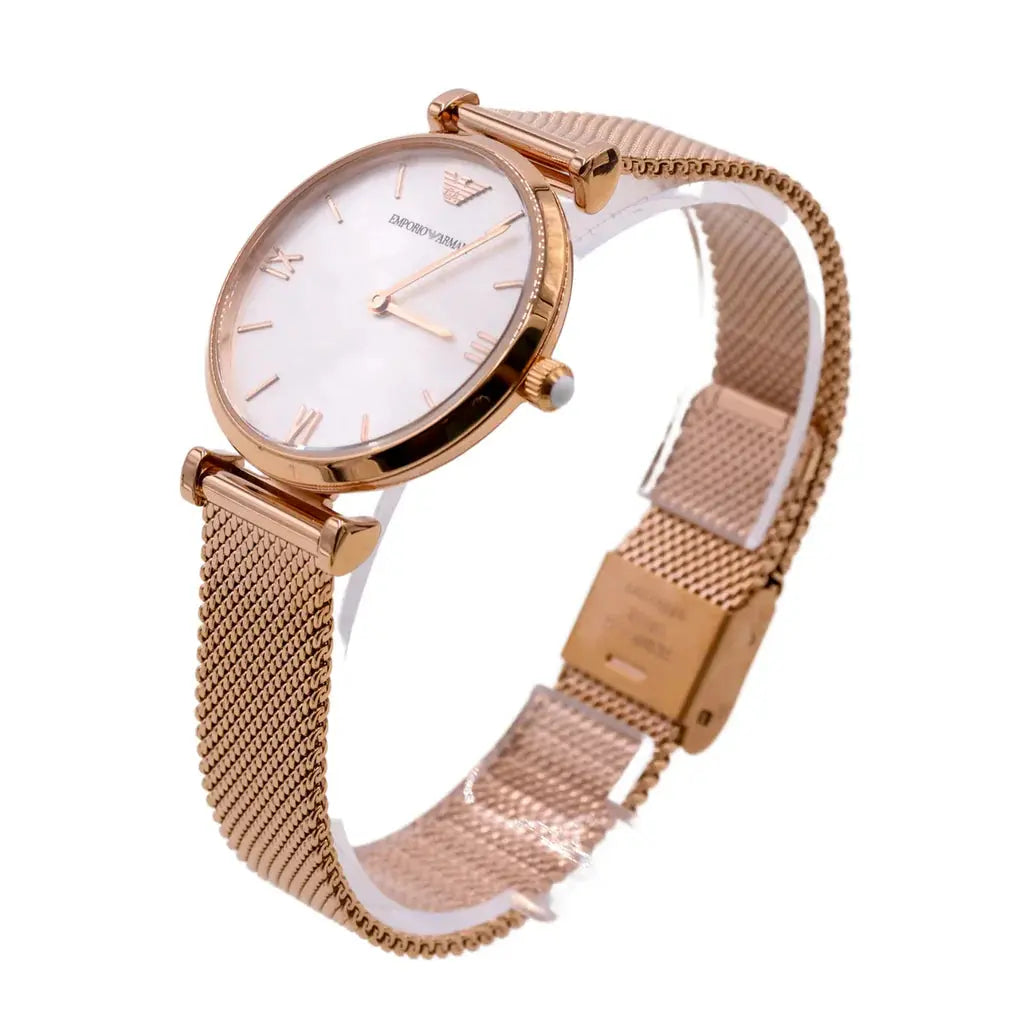 Emporio Armani AR1956 Gianni T Bar Silver Dial Rose Gold Mesh Bracelet Watch For Women Emporio Armani