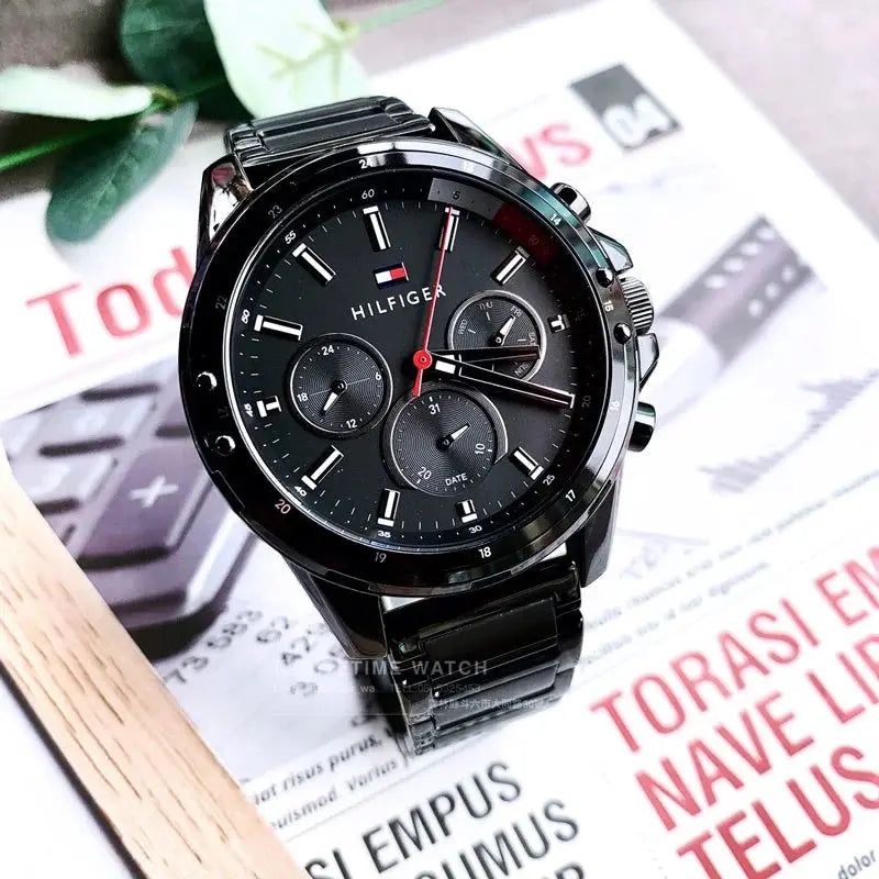 Tommy Hilfiger 1791935 Mason Chronograph Black Dial Black Steel Strap Watch For Men Tommy Hilfiger