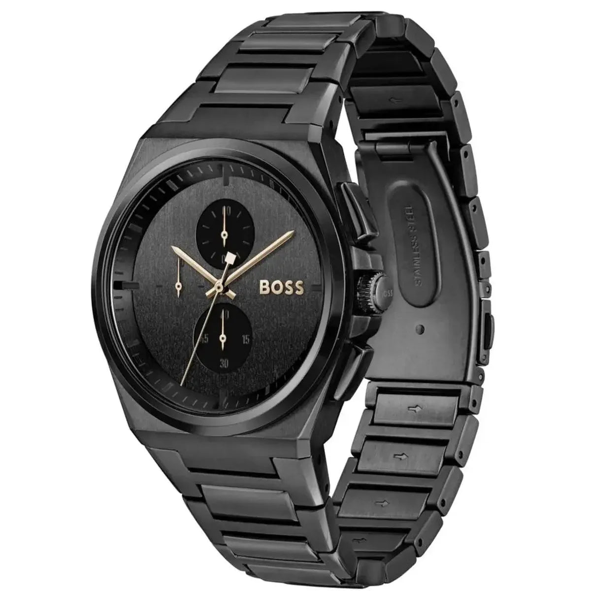 Hugo Boss 1514068 Steer Analog Black Dial Black Steel Strap Watch For Men Hugo Boss