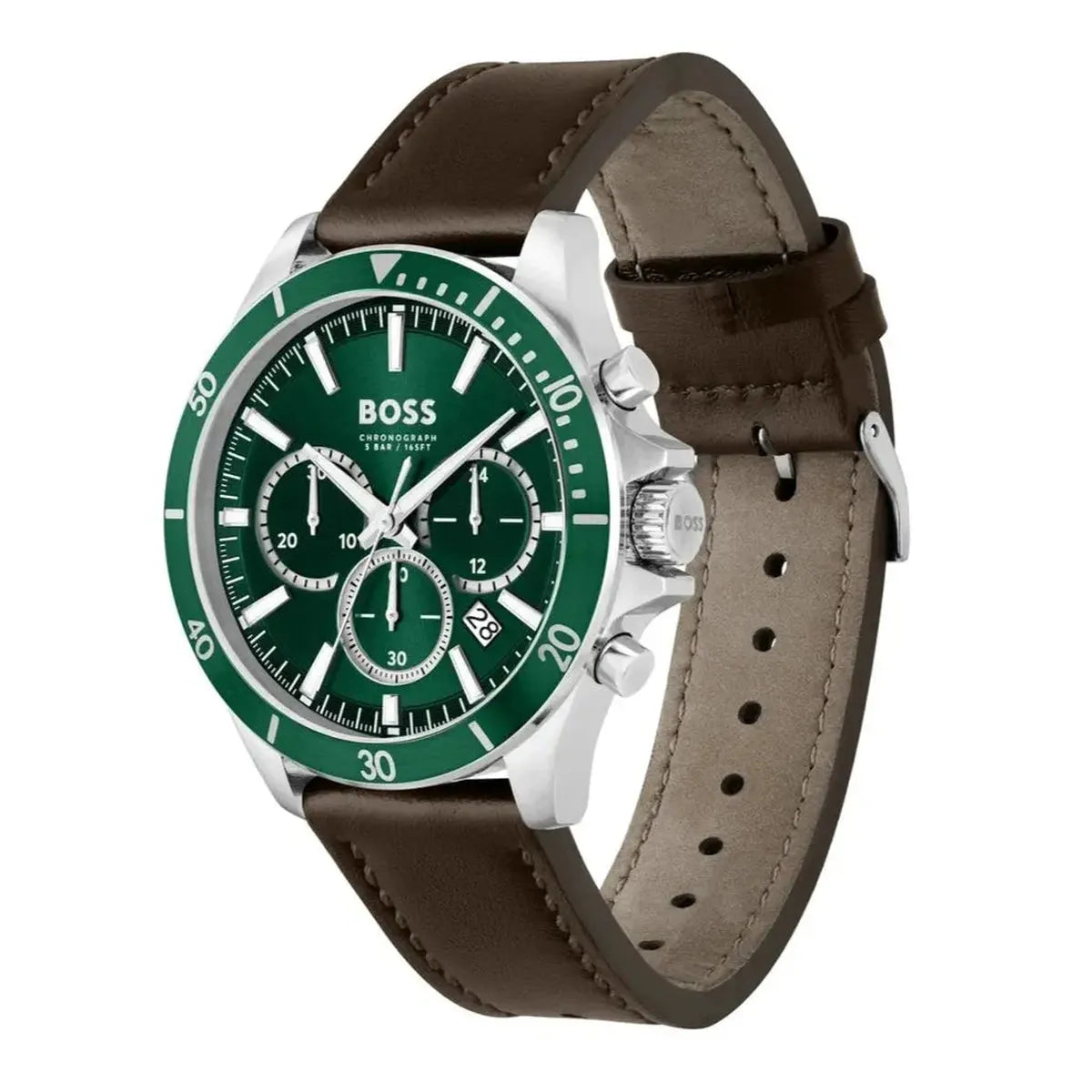 Hugo Boss 1514098 Troper Chronograph Green Dial Brown Leather Strap Watch For Men Hugo Boss