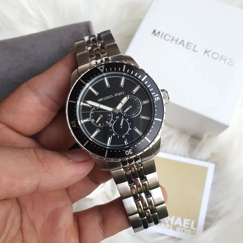 Michael Kors MK7156 Cunningham Multifunction Black Dial Silver Steel Strap Watch For Men Michael Kros
