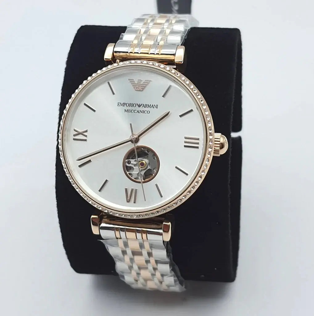 Emporio Armani AR60019 Gianni T-Bar Analog White Dial Two Tone Steel Strap Watch For Women Emporio Armani
