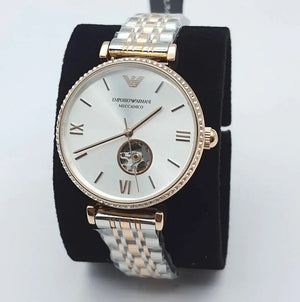 Emporio Armani AR60019 Gianni T-Bar Analog White Dial Two Tone Steel Strap Watch For Women Emporio Armani